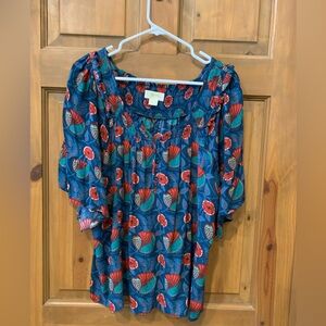 Maeve by Anthropologie Blue, Teal, and Red Short Sleeve Blouse, XL